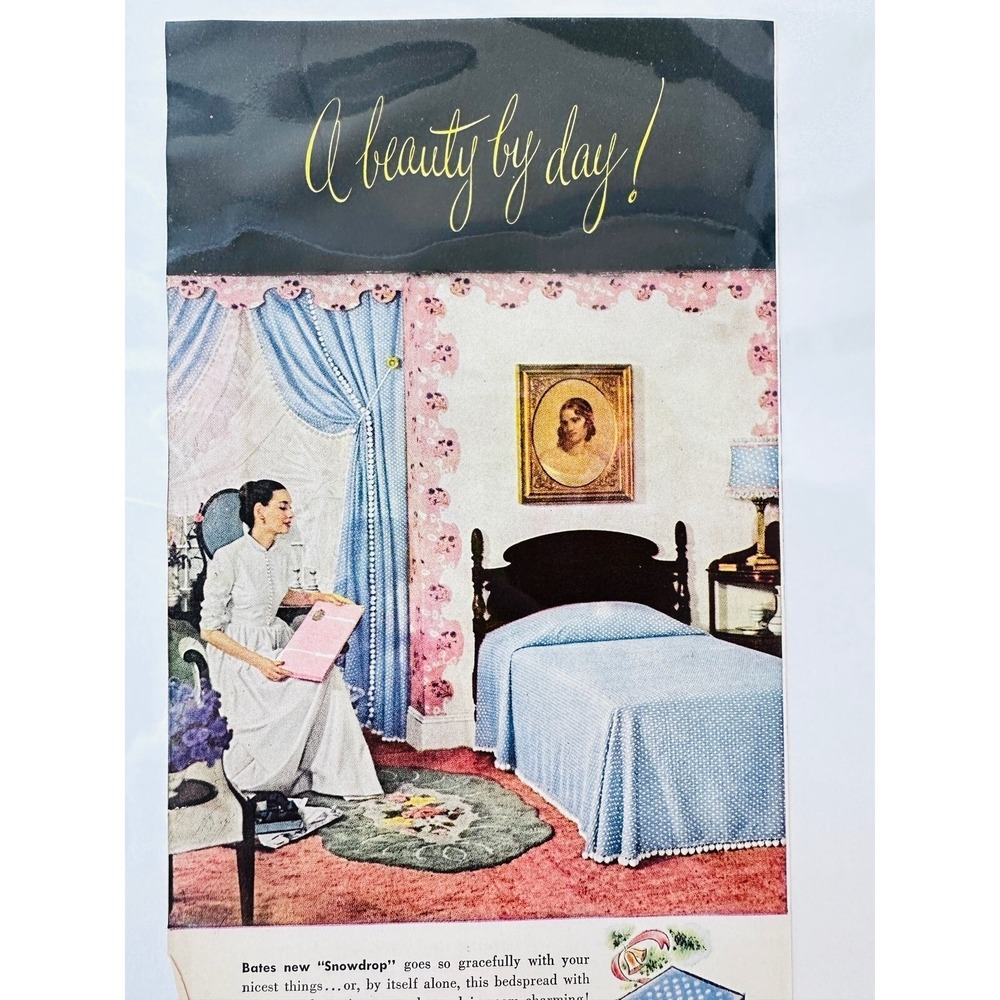 1949 Bates Bedspreads A Beauty by Day - Original Vintage PRINT AD - Blue Pink